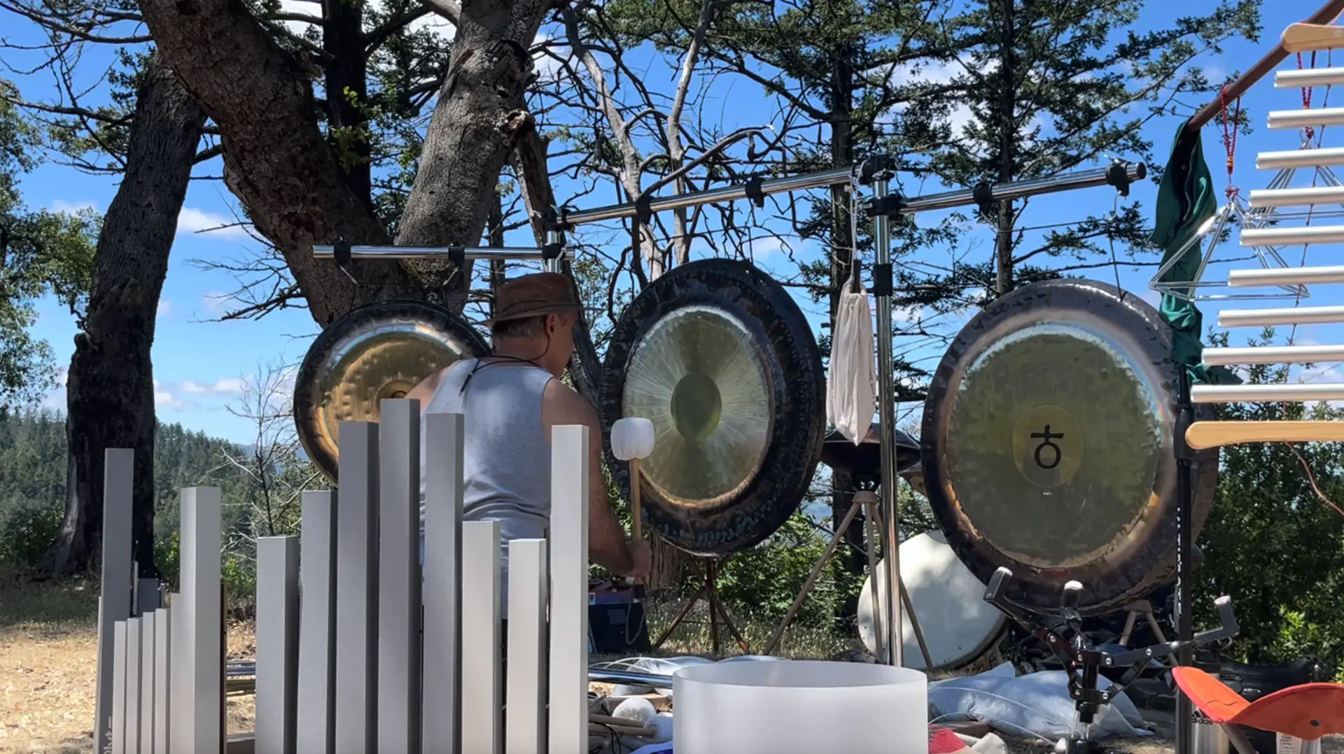Outdoor sound healing setup with gongs, chimes, and crystal bowls among trees